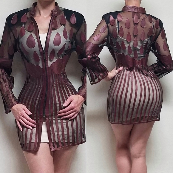 VINTAGE Stillman Studio Cognac Lamb Leather Teardrop Stripe Mesh Mini Dress Med - Picture 1 of 13